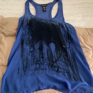 Blue sheer tank top with black graffiti detail